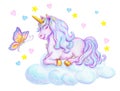 Watercolor pencil drawing of mythical sleeping Unicorn with butterfly on cloud against small pink and blue hearts and stars backgr