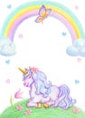 Watercolor pencil drawing of mythical sleeping Unicorn on green grass against clouds and rainbow background and flying butterfly.