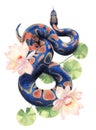 Watercolor pencil illustration of a blue snake