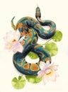 Watercolor pencil illustration of a green snake