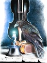 Watercolor pencil illustration of a raven on a book, with a violin