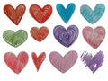Watercolor pencil set of colored hearts. Abstract watercolor green,purple, orange, red, pink heart background. Royalty Free Stock Photo
