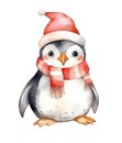 Watercolor penguin in Santa hat isolated on white background. Generative AI Royalty Free Stock Photo