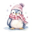Watercolor penguin with scarf and hat isolated on white background. Generative AI Royalty Free Stock Photo