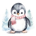 Watercolor penguin in scarf isolated on white background. Generative AI Royalty Free Stock Photo