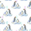 Watercolor penguins with air balloons on ice floes seamless pattern