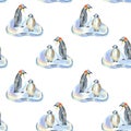 Watercolor penguins on ice floes seamless pattern