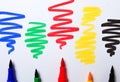 Watercolor pens brush, assortment, on a drawing album, artist's desk, top view, close-up, selective focus,