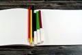 watercolor pens and wood pencils of different colors for painting on white drawing sketch isolated on wood, back to school concept
