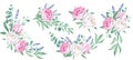 Watercolor peonies bouquets set. Hand drawn combination of white and pink flowers, lavender, eucalyptus and gypsophila Royalty Free Stock Photo