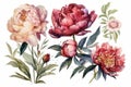 Watercolor Peonies Set on White Background for Invitations and Posters. Royalty Free Stock Photo