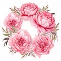 Watercolor peonies wreath. Illustration for postcards, congratulations