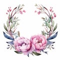 Watercolor peonies wreath. Illustration for postcards, congratulations