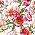 Watercolor peony bud Flower seamless pattern in pastel pink colors with green leaves. Hand drawn floral illustration Royalty Free Stock Photo