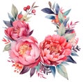 Watercolor peony flower wreath on white background. Summer florall pink botanical painting
