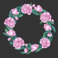 Watercolor peony wreath illustration. Round border.