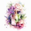 Watercolor perfume bottle with a flowers. Hand drawn illustration