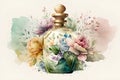 Watercolor perfume bottle with flowers and leaves. Hand drawn illustration.