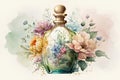 Watercolor perfume bottle with flowers and leaves, hand drawn illustration.