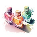 Watercolor perfume bottles. Hand drawn vector illustration on white background.