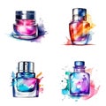 Watercolor Perfume bottles set. Teal magenta splashes. Generative AI Royalty Free Stock Photo