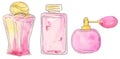 Watercolor perfume set - different jars of pink perfumery water. watercolor illustration for prints, design, posters, magazines