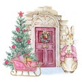 Watercolor Peter Rabbit with a decorated Christmas tree, gifts in a sledge near the house