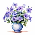 Watercolor Petunia Arrangement In Blue Vase - High Detail Clipart