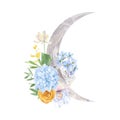 Watercolor phase of the moon with flower bouquet illustration logo design. Hand drawn rose, peony, iris, wildflower, leaves, twigs