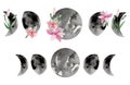 Watercolor phases of the moon decorated with pink lilies, female moon Royalty Free Stock Photo