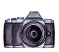 Watercolor photo label. Hand drawn photo camera on white background