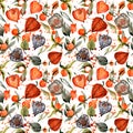 Watercolor physalis seamless pattern. autumn berry illustration.