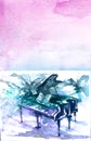 Watercolor Piano Abstract. Music festival, poster background template. Delight. Write, compose music. Ro