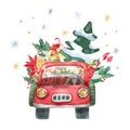 Watercolor pickup truck with Christmas tree and presents