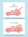 Watercolor of pickup truck with heart and gift box. Valentine`s Day