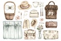 Watercolor picnic basket, blanket, hat, and accessories Royalty Free Stock Photo