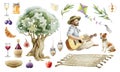 Watercolor picnic element illustration. Man with guitar, dog, fruit, wine, big tree set. Young guy play guitar. Picnic