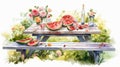 Watercolor Picnic Table With Melon And Roses: Lively Nature Scenes Royalty Free Stock Photo