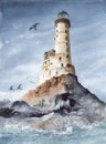 Watercolor picture of the Aniva cape lighthouse