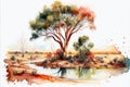 Watercolor illustration of the outback in rural Australia