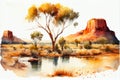 Watercolor illustration of the outback in rural Australia