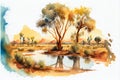 Watercolor illustration of the outback in rural Australia