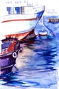 Watercolor picture of beautiful landscape view of old fishing port