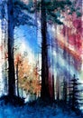 Watercolor picture of a beautiful sunlit forest