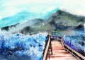 Watercolor picture of blooming sakura trees and wooden bridge