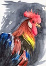 Watercolor picture of a colorful rooster with vivid feathers and red cockscomb