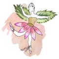 Watercolor picture of a dancing fairy girl in pink colors. Faceless ballerina in a pale purple flower tutu and with green wings-