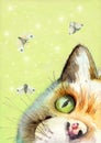 Watercolor picture of a fluffy yellow catÃ¢â¬â¢s face with a vivid green eye on a pale green background