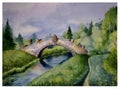 Watercolor picture of the landscape with the image of the Park in the city of Pavlovsk in Russia and the old stone