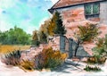 Watercolor picture of an old beautiful stone house with a climbing plant